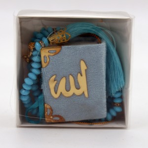 Kadife Kaplı Mini Kuran-ı Kerim ve Tesbih Kutulu Set - Mavi