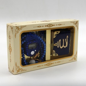 Kadife Kaplı Mini Kuran-ı Kerim, Tesbih ve Taşlı Zikirmatik Kutulu Set - Mavi