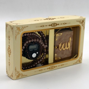 Kadife Kaplı Mini Kuran-ı Kerim, Tesbih ve Taşlı Zikirmatik Kutulu Set - Gold