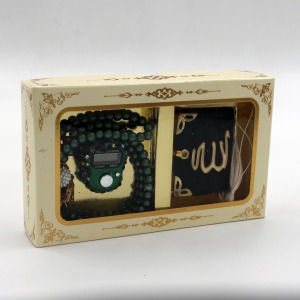 Kadife Kaplı Mini Kuran-ı Kerim, Tesbih ve Taşlı Zikirmatik Kutulu Set - Yeşil